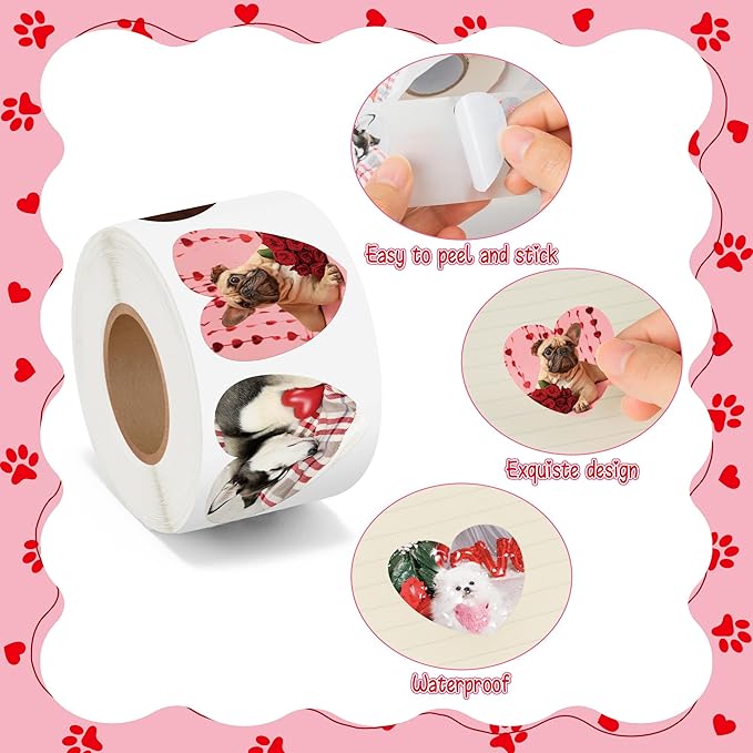 beyumi valentine realistic dog sticker - 1000pcs valentine's day realistic dog stickers in 2 rolls for kids valentine animal heart waterproof decal greeting card envelope scrapbooking party gift decor