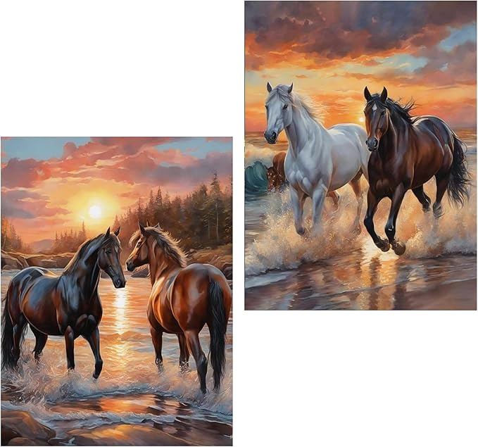 Meothan 2 Pack Diamond Painting Kits for Adults, 5D DIY Horse Diamond Art Kits for Adults Full Drill Round Paint Diamond Dots Gems Art Crafts Painting Kits for Home Wall Decor 12x16Inch Animals