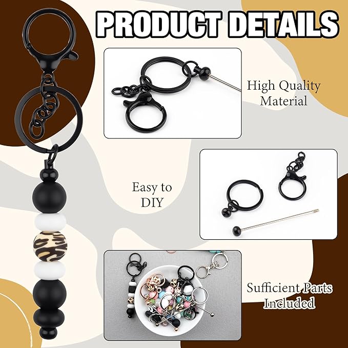 103pcs Beadable Keychains Set Bulk for Keychain Making Kit with Beadable Keychain Bar Silicone Beads Spacer Beads DIY Gifts for Women Men Crafts(Black)
