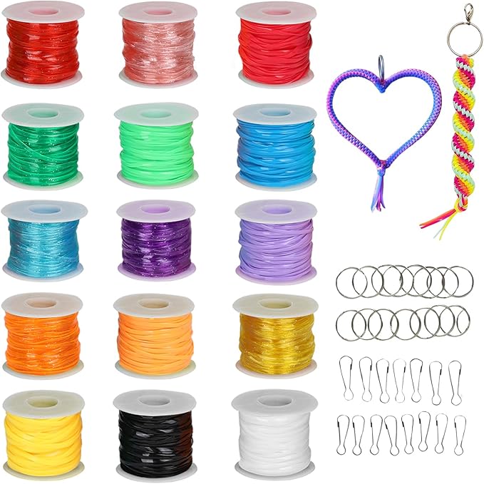 Darice Lanyard Kit - 15 Pack Plastic Gimp String With Assorted Colors - Glitter and Solid Boondoggle for Weaving - Lacing Cord for Bracelets, DIY Keychains, Crafts