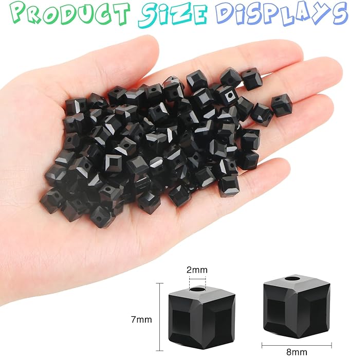 100 Pcs 8mm Cube Crystal Glass Beads for Jewelry Making, Square Crystal Beads with Box, Crystal Spacer Beads for DIY Craft Bracelets Charms Wind Chimes (Black)