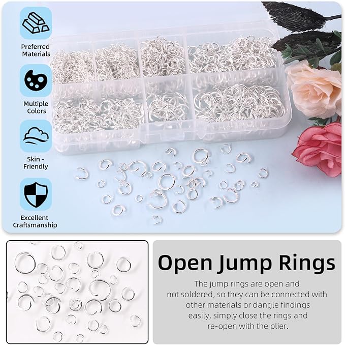 Glarks 1403Pcs 10mm 5mm 4mm 7mm 8mm Open Jump Rings Kit, Iron Round Ring Connectors Nickel Free Sliver O Rings for Jewelry Making Connectors and Necklace Repair