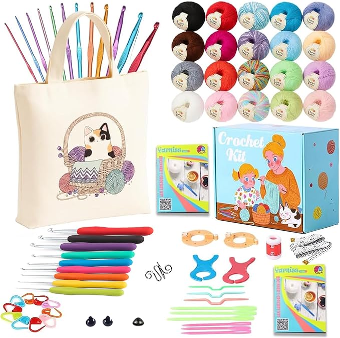 yarniss beginners crochet kits adults,starter crochet kit with 1132 yards crochet yarn&21 size knitting hooks,learn to crochet set with case