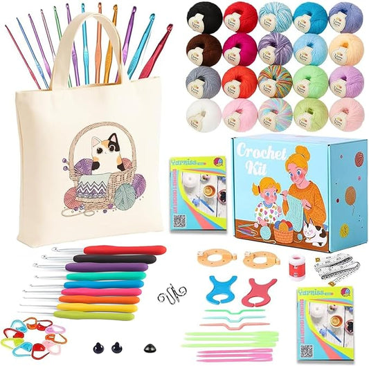 yarniss beginners crochet kits adults,starter crochet kit with 1132 yards crochet yarn&21 size knitting hooks,learn to crochet set with case