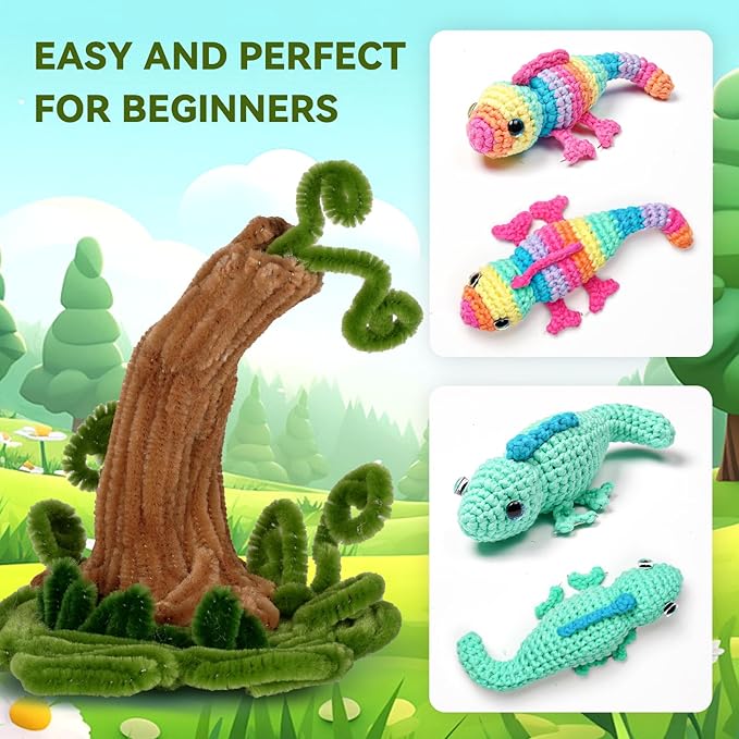 MOREJMTT Crochet Kit for Beginners, Crochet Animal Kits, Crocheting Kit for Starters, Learn to Crochet with Step-by-Step Video Tutorials, Beginner Crochet Kit for Adults(Chameleons)
