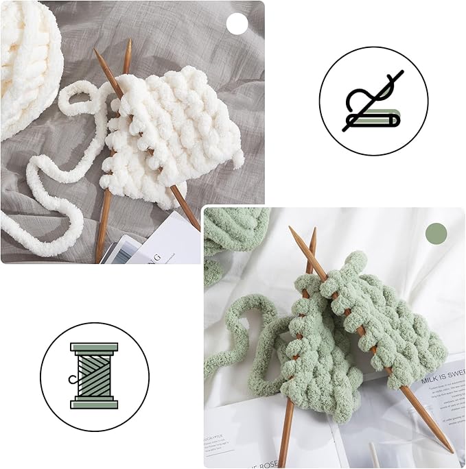 Mabozoo Assorted Chunky Yarn for Crocheting 8 Pack: Fluffy Chenille, Soft Plush, Giant Thick Fuzzy Yarn. 4 White & 4 Sage Green (31.7 yds, 8 oz Each Skein)