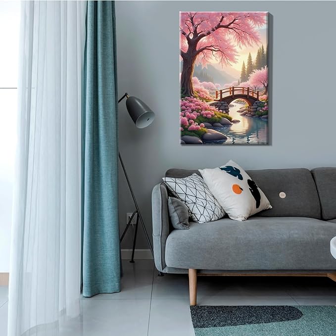 JOOZ Sakura Paint by Numbers Kit for Adults with Frame Landscape Paint by Number with Easel Lake Adult Paint by Number Kits Framed Canvas Mountain Oil Painting Kits for Home Wall Decor 8x12 Inch