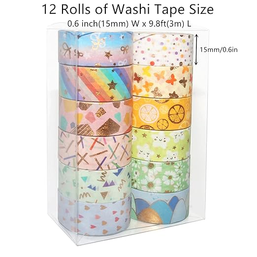 Candy Color Washi Tape Set 12 Rolls Bronzing Decorative Holiday Arts and Craft Washi Masking Tapes for Scrapbooking, Journal, Planner,Gift Wrapping, Stationery