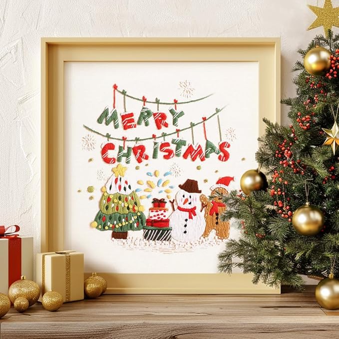 christmas embroidery kits: 1 pack cross stitch kit for beginners adults, diy ornaments craft kit with all tools & instructions, stamped hand embroidery starter kit for holiday crafts & xmas home decor