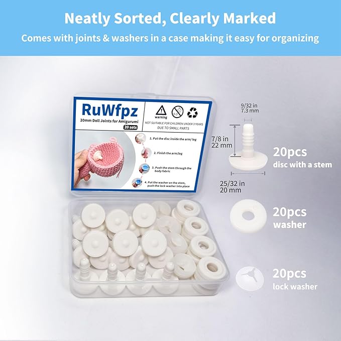 RuWfpz Doll Joints for Amigurumi Crochet 20mm 13/16" - 20 Set Plastic Toy Safety Joints for Stuffed Animals, White Movable Amigurumi Crafts Teddy Bear Joints for Arm Leg Neck