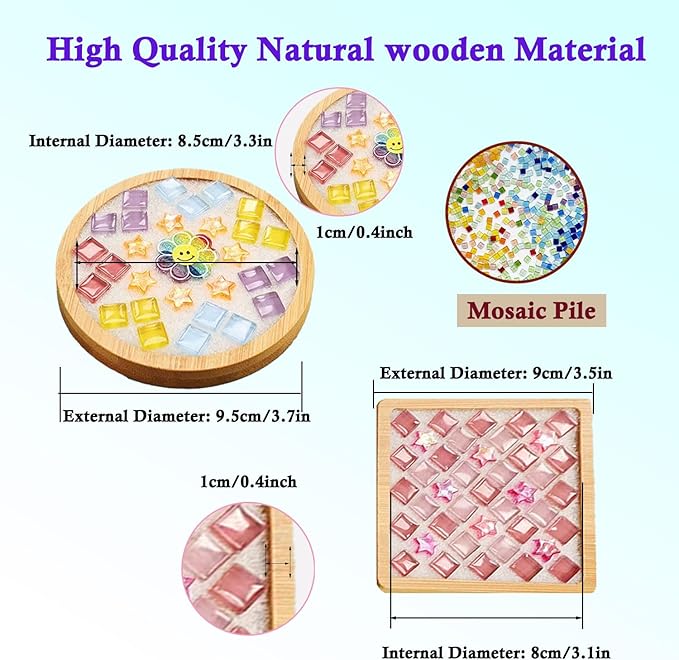 6 Sets DlY Mosaic Tiles for Crafts,Mixed Color Glass Mosaic Kits with Wooden Coaster for Adults,DlY Coasters Kit Mosaic Supplies for Handmade Home Decoration Gift (Round and Square)