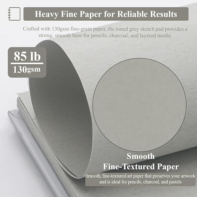 sufly toned gray sketchbook 8.5" x 11" - 60 sheets spiral bound artist drawing pad, 85lb/130gsm toned gray paper for graphite, charcoal, colored pencils and gel pens.