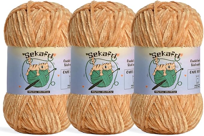 3 Pack of 300g (590yds) Fuzzy Chenille Yarn for Crocheting,Fluffy Amigurumi Crochet Yarn for DIY Craft/Hat/Clothes, Soft Velvet Baby Blanket Yarns（3 Khaki）