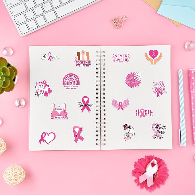 beyumi breast cancer awareness stickers - 1000pcs breast cancer awareness stickers in 2 rolls waterproof vinyl pink ribbon caring for women's health decals care about women laptop bottle luggage decor