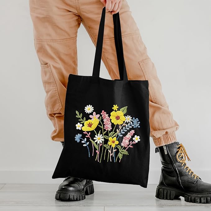 Nuberlic Canvas Tote Bag Embroidery Kit for Beginners Adults -DIY Needlepoint Kit with Floral Pattern Bag Reusable Eco-Friendly Shopping Bag