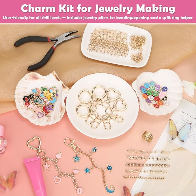 selizo 198Pcs Charms Lip Gloss Keychain Making Kit, DIY Craft Supplies with Charms, Key Chain Hooks, Jump Rings, Lobster Clasps, Chains & Tools, Jewelry Making Kit for Custom Keychains, Bags, Gifts