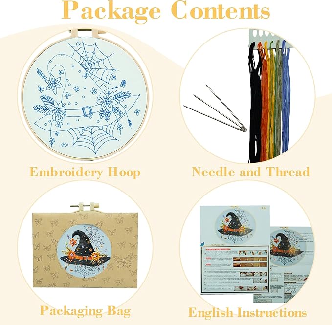 Floral Witch Hat Embroidery Kit Halloween Cross Stitch Material Set with Bat Skull Flower Pumpkin Patterns, DIY Hand Needlepoint Embroidery Craft Kit for Beginners Professional (Floral Cauldron A)