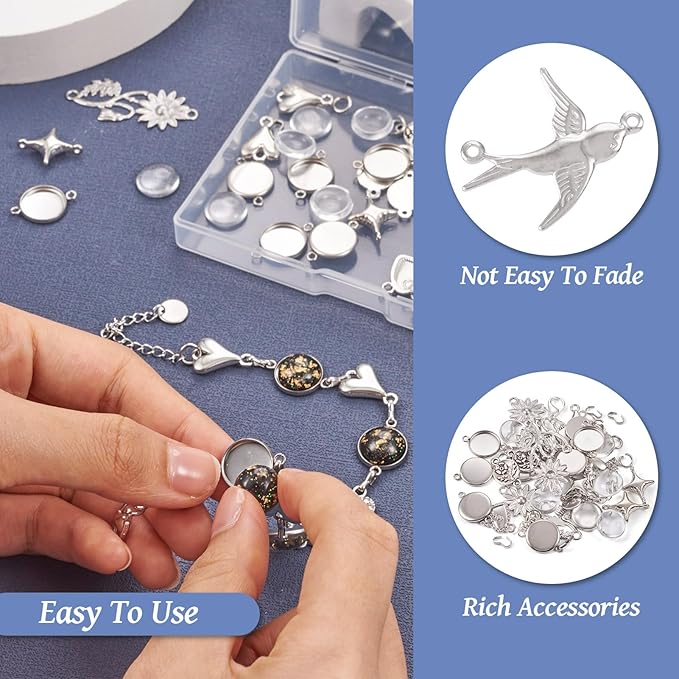 FASHEWELRY 167Pcs Bracelet Bezel Trays Setting Stainless Steel Blank Flat Round Cabochon Settings Bezel Tray with Glass Cabochons Connector Charms for Jewelry Making