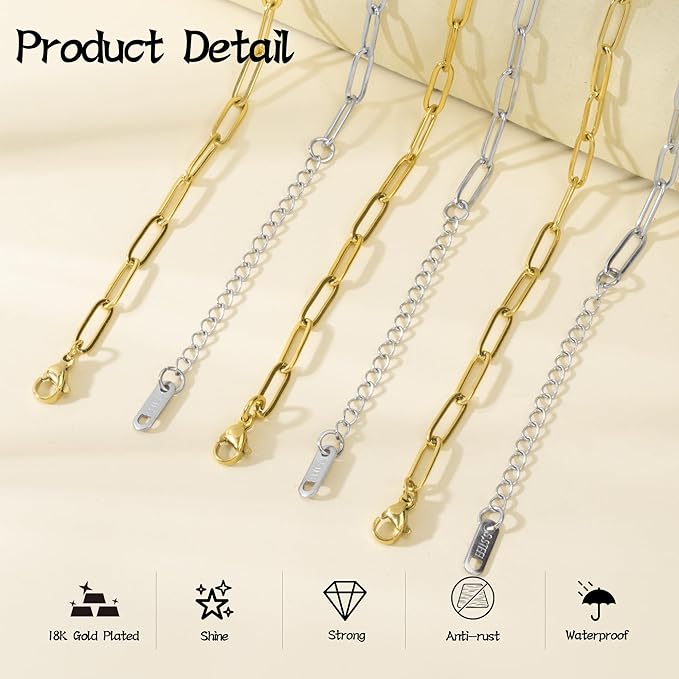 Wurosi 30PCS 18K Gold Plated Charm Bracelet Chains 6.3Inch Stainless Steel Bracelets Chain Bulk Link Bracelet with Lobster Clasps for Women DIY Bracelets Crafts Supplies(Gold+Silver)