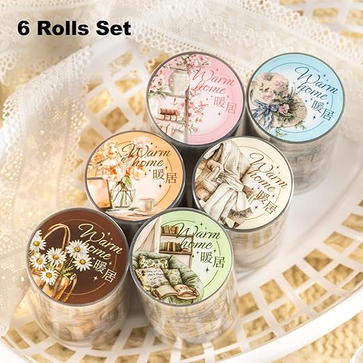 Cozy Home-Themed PET Tape Set, 6 Rolls Pre-Cut Scrapbook Stickers for Journal Supplies, Planner, DIY Crafts, and Gift Wrapping