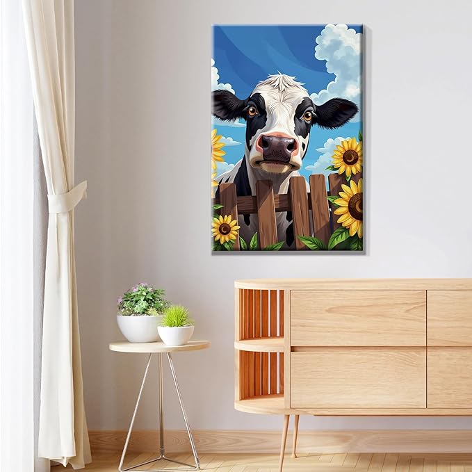 JOOZ Cow Paint by Numbers Kit for Adults with Frame Sunflower Paint by Number with Easel Adult Paint by Number Kits Framed Canvas Oil Painting Kits for Home Wall Decor 8x12 Inch
