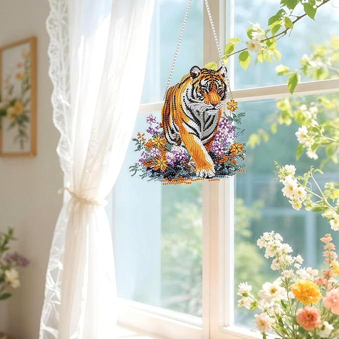 Lxmsja DIY Tiger Diamond Painting Hanging Ornament, Double-Sided Acrylic Lush Greenery Diamond Art Kit, Special Shaped Suncatcher Hanging Pendant Window Art Kit 8x8 inch