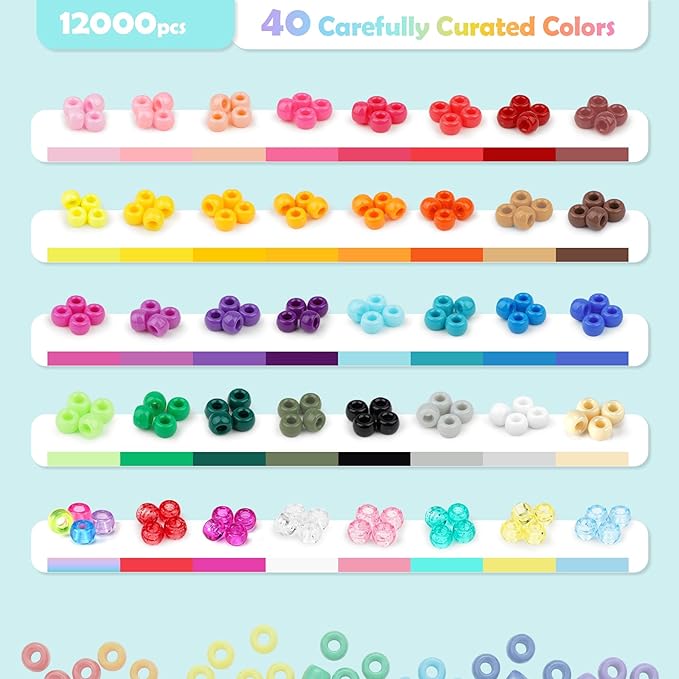 12000Pcs Pony Beads Kit, 40 Colors Rainbow Rave Kandi Beads for Bracelets Friendship with Neon Glow Beads Bulk for Hair Braiding DIY Jewelry Making Craft Kits (Shock Resistant Stackable Box, 9.2lb)