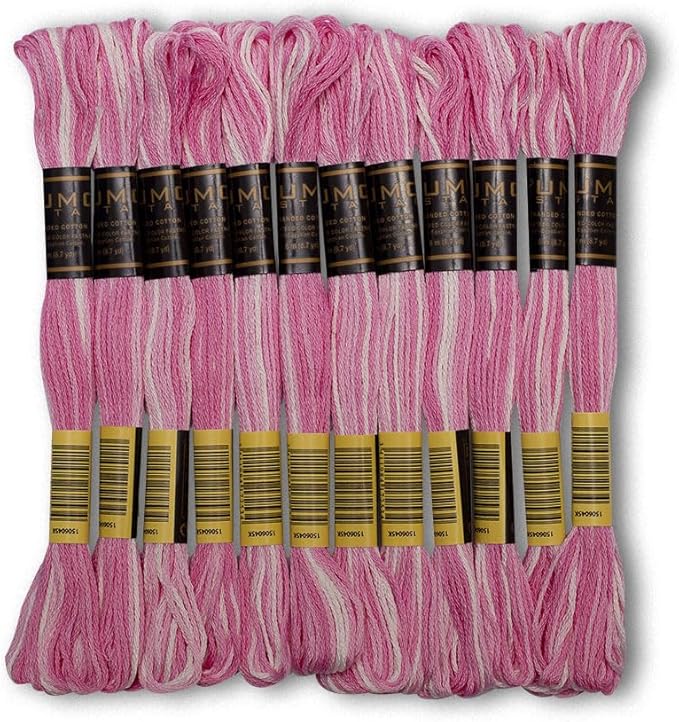 Pack of 12 Premium Embroidery Thread | 100% Egyptian Cotton Premium Skeins | Cross Stitch Embroidery Floss | Oeko TEX Certified | Ideal for Arts & Crafts (Light Pink Variegated 1201)