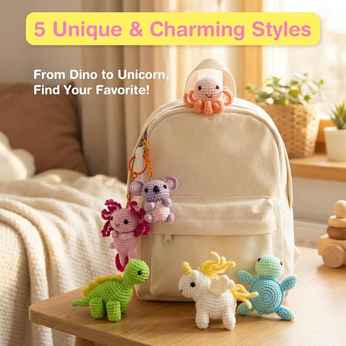 Avenir Beginner Crochet Kit for Adults & Teens - Small Portable Animals Kit with Keychain, Complete Supplies & Video Tutorials, Perfect Arts & Crafts Gift for Women & Girls (Curly Unicorn)