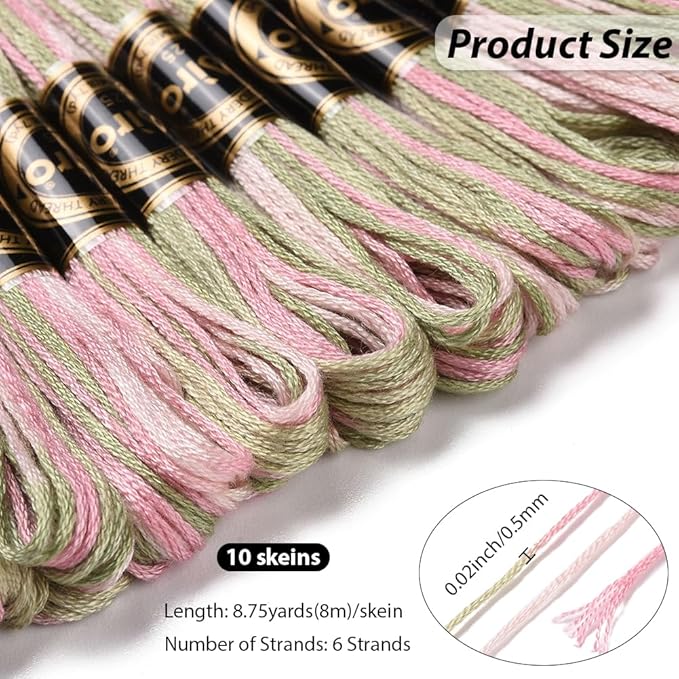 10 Skeins 6 Strands Pink Green Hand Variegated Embroidery Floss Gradient Cross Stitch Thread Friendship Bracelet String Yarn Bracelets Threads Bulk for Sewing Crochet Crafts Stitching DIY