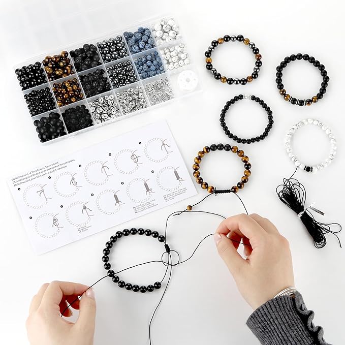 Zefy 467 Pcs 6/8mm Natural Stone Beads, Round Crystals Bead Genuine Real Stones, Gemstone Beads Kit with Spacer Bead Charms for Bracelets Jewelry Making (14 Colors)