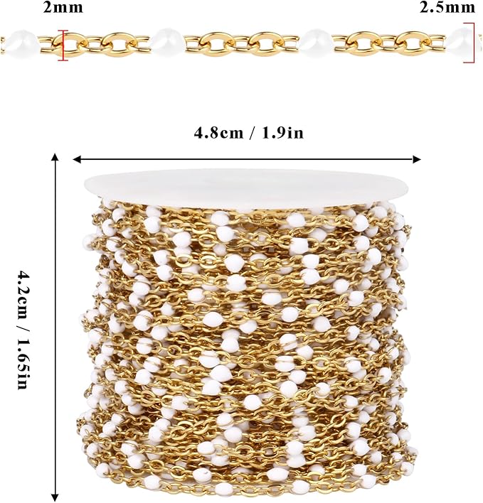 33 Feet Gold Enamel Chains Bulk, 2mm 18K Gold PVD Plated 304 Stainless Steel White Enamel Beaded Cable Link Chain Roll Spool for Jewelry Making