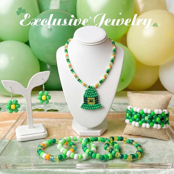 Spring Nature Pony Beads 1000pcs, Green Orange White Glitter Bead Mix, 9mm Craft Beads for Bracelets, Jewelry Making, DIY Shamrock Decorations, Crafts Party Kit