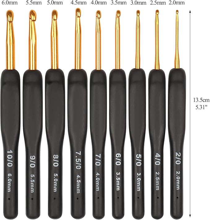 Coopay Black Gold Crochet Hooks Needles for Arthritic Hands, 2.0-6.0mm Crochet Hook Set Ergonomic Soft Grips Knitting Hook for Crochet Yarn Craft, Aluminum Knitting Crocheting Supplies Kit for Knitter