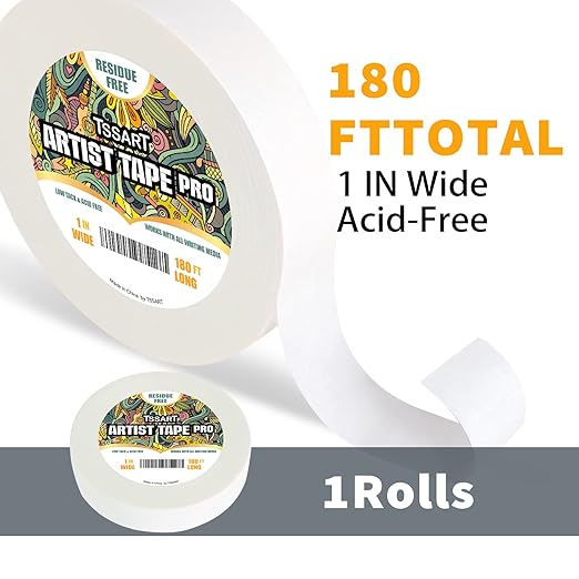 White Artist Tape Pro - Low Tack Masking Artists Tape for Drafting Art Watercolor Painting and All Paper Media - Acid Free 1inch Wide 180FT Long