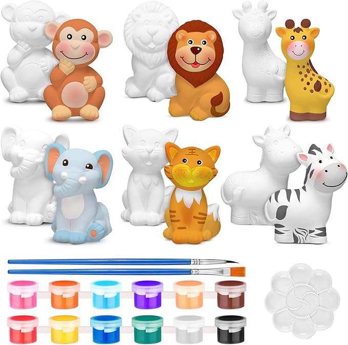 Gemscream 6 Sets Animal Painting Craft Kits Wild Animal Ceramics to Paint Safari Ceramics Ready to Paint for Activities Figurines Art Supplies Gifts(Jungle)