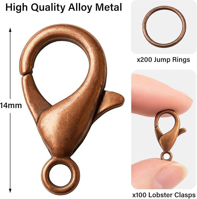 Mandala Crafts 14mm Antique Copper Color Metal Lobster Clasps for Jewelry Making - 100 Lobster Claw Clasps with Jump Rings Jewelry Findings Kit for Necklaces Bracelets Charms Fasteners