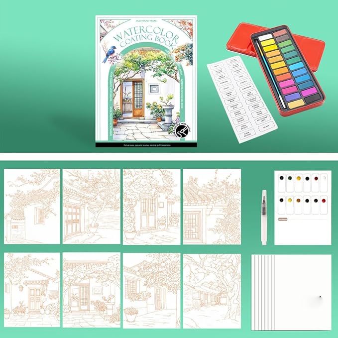 RGBMIX Watercolor Coloring Book for Adults Stress Relief Foldable Painting Pad with 24-Color Paint laowu