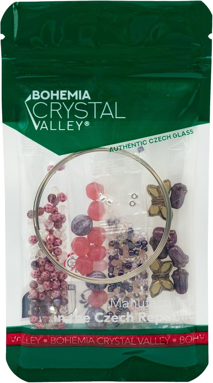 Bracelet Making kit with Czech Glass Beads & TOHO Japanese Rocailles, 2pc Memory Wire and crimps for begginers - Easy & Fast to do (Butterflies Purple Pink)
