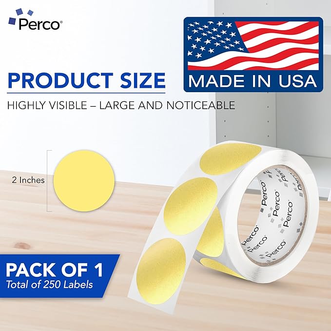 perco metallic gold 2-inch perforated circle dot sticker labels — 250 round stickers per roll — with permanent adhesive for awards, product seals, gift packaging, event marking & more — made in usa