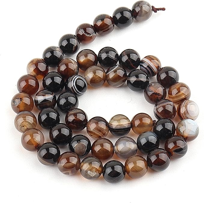 Natural Stone Beads for Jewelry Making - 10mm Gemstone Round Beads for Bracelets(35-37pcs, 10mm, Coffee Stripe Agate)