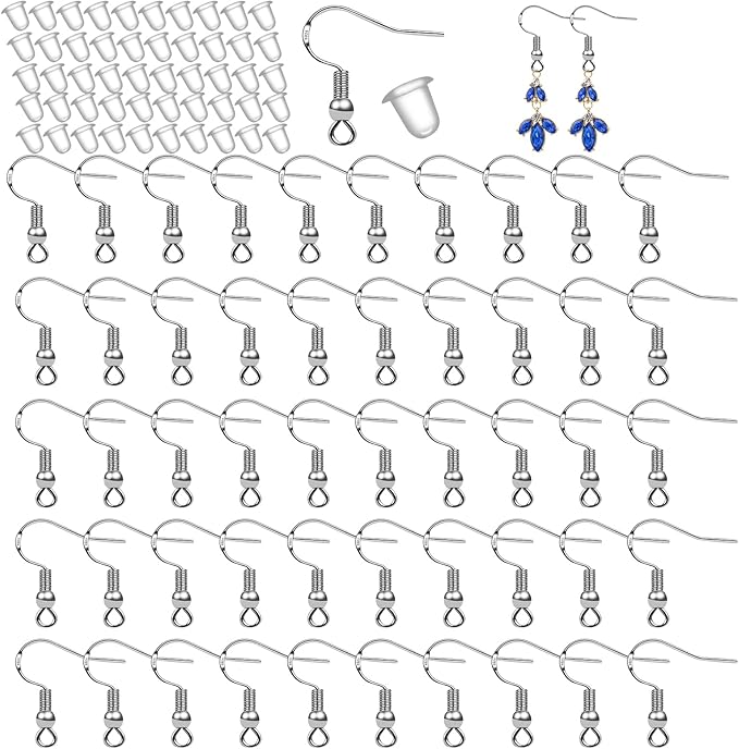50 pcs/25 pairs 925 sterling silver earring hooks fish hook ear wires french wire hooks hypo-allergenic jewelry findings earring parts diy making with 50 pcs clear rubber earring safety backs