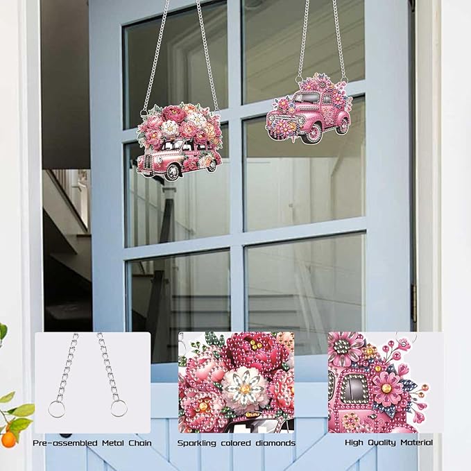 2 Pack Diamond Painting Car Charms – Pink Floral DIY Hanging Ornaments with Rhinestones for Women, Car Mirror or Room Decor