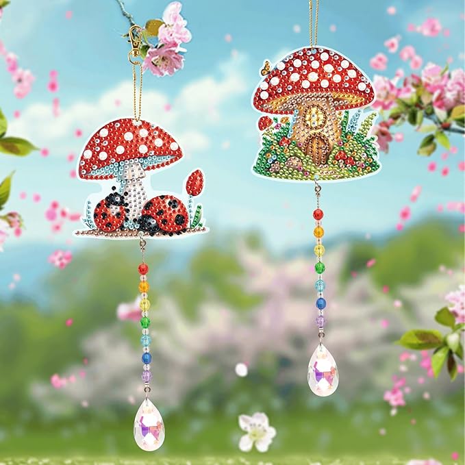LazyFold 2 Pcs Diamond Painting Wind Chime Kits,Red Mushroom DIY Diamond Art Painting Wind Chime Kits Crystal Art Suncatchers for Adults Home Garden Window Craft Gift