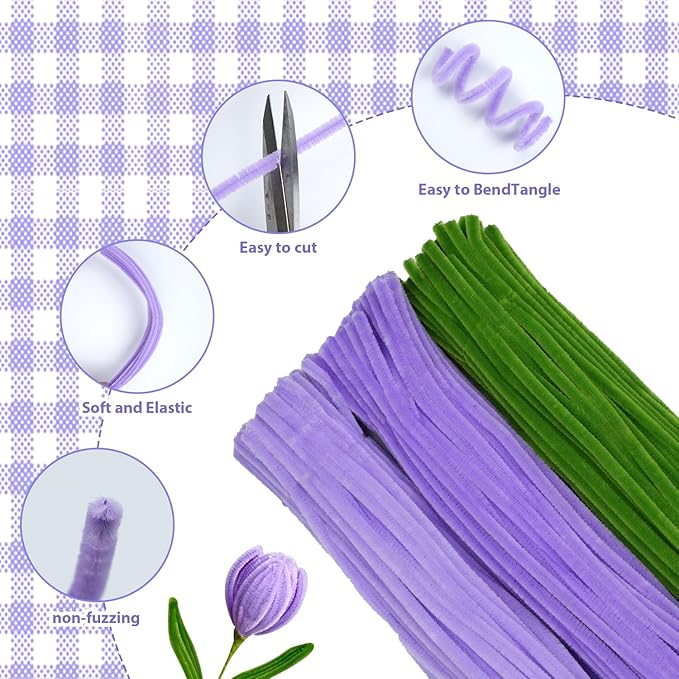 300 Pcs Purple and Green Thick Pipe Cleaners Craft Supplies for Floral Bonquet DIY Flower Making Kit for Starter with Floral Wires, Gardening Tape,Stamen Gift Wrapping Party Decor