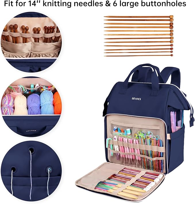 Leudes Knitting Bag Backpack,Yarn Storage Organizer Large Crochet Bag Tote Christmas Gift Yarn Holder Case for Carrying Projects,Knitting Needles (Navy Blue)