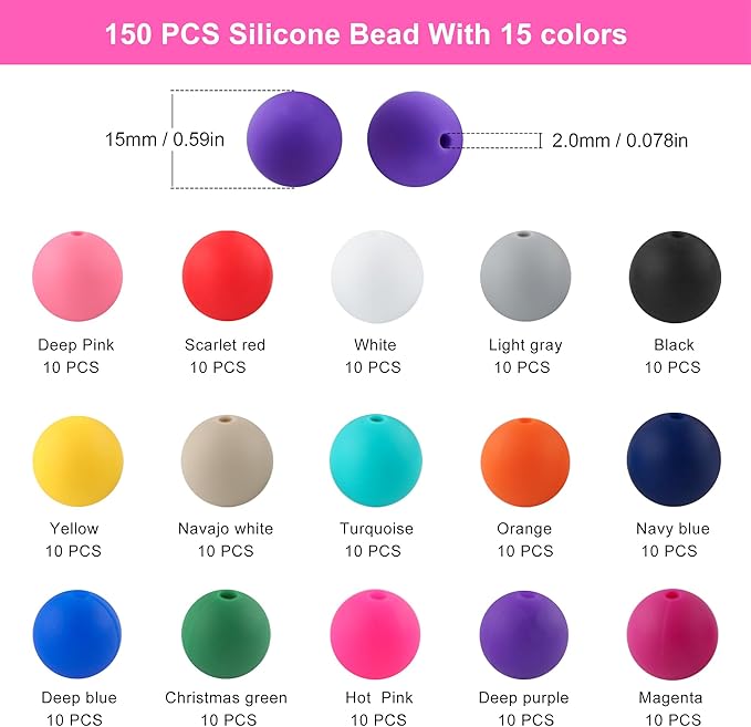 Sunrony 150pcs Silicone Beads for Keychain Making Bracelet Decoration and 15mm Silicone Beads for Pens (Multicolor)