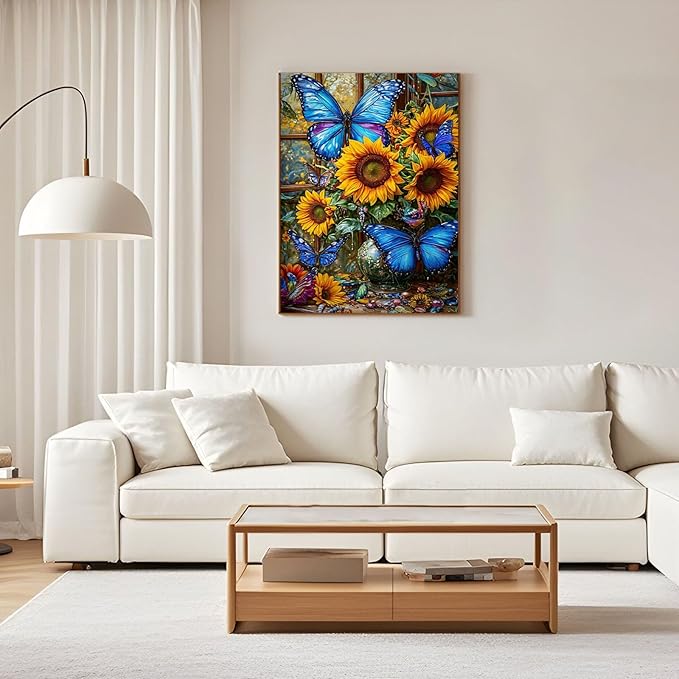 GEEHEIY Sunflower Diamond Art Kits for Adults, 5D Butterfly Diamond Painting Kits for Beginner, DIY Blue Butterfly Gem Art Dots for Adults, Perfect for Home Wall Decor 12x16 Inch