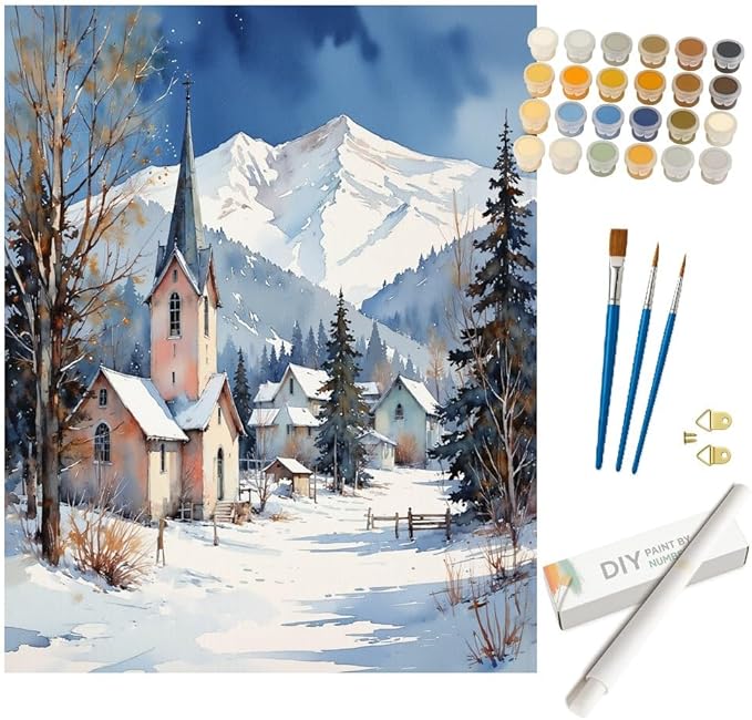 Winter Paint by Numbers Kit for Adults - DIY Snowy Mountain Village and Church Painting on Rolled Canvas 16x20In, Acrylic Paint Set, Suitable for Beginners, Seasonal Art for Home Decoration or Gifts