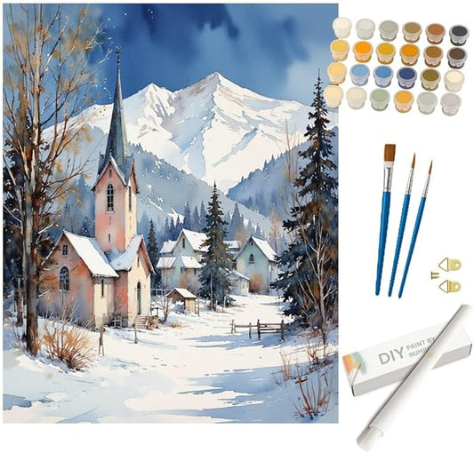 Winter Paint by Numbers Kit for Adults - DIY Snowy Mountain Village and Church Painting on Rolled Canvas 16x20In, Acrylic Paint Set, Suitable for Beginners, Seasonal Art for Home Decoration or Gifts